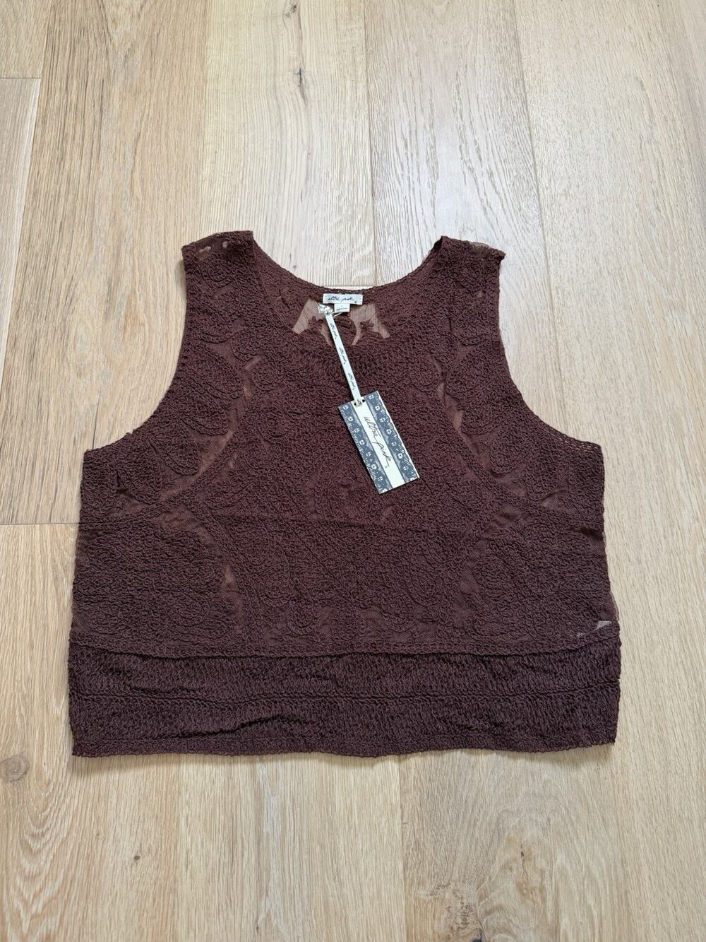 NWT Ultra Pink Women's Brown Crochet Lace Sleeveless Tunic Crop Top L Soft Girl